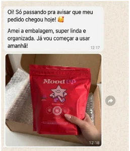Mensagem de cliente no WhatsApp com foto da embalagem: 
